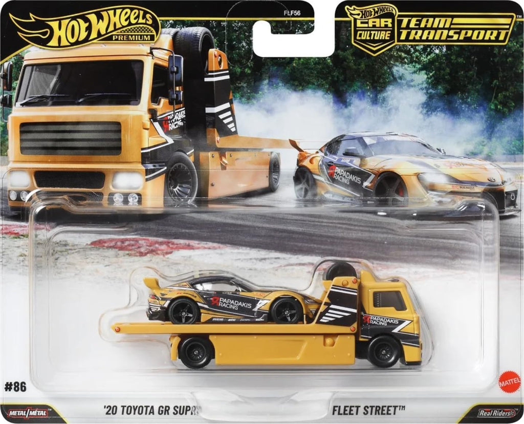 Hot Wheels Team Transport #86 '20 Toyota GR Supra & Fleet Street, Real Riders, Metal/Metal, escala 1:64