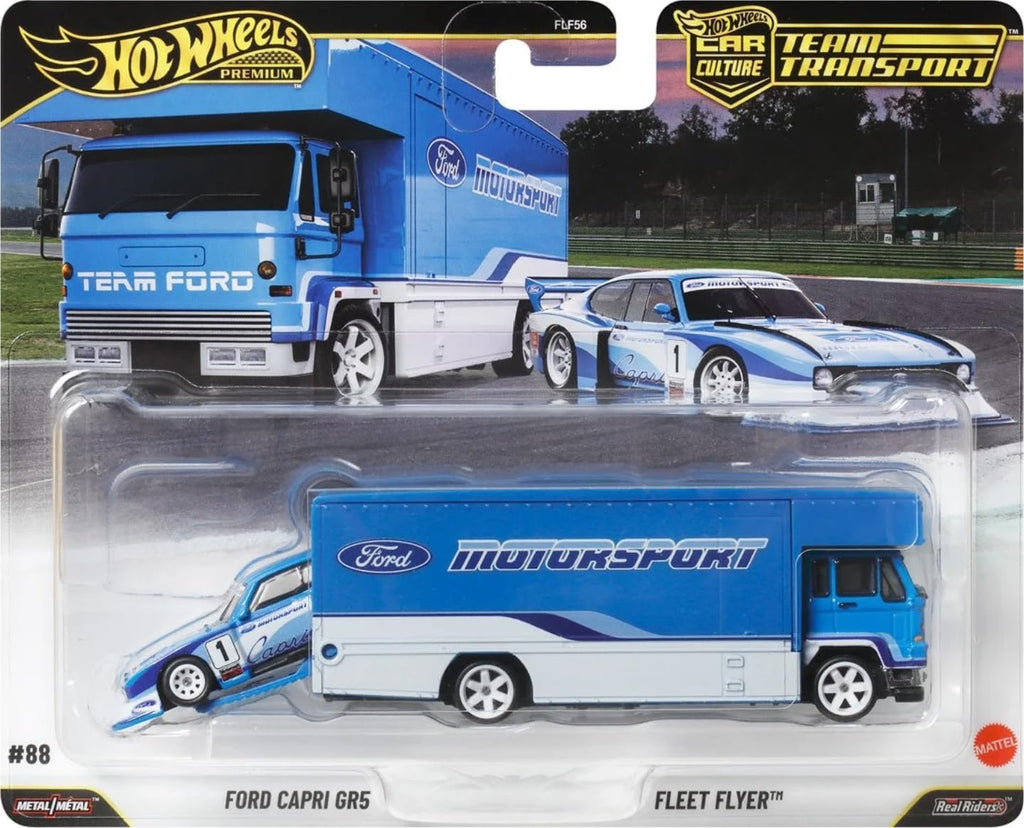 Hot Wheels Team Transport #88 Ford Capri Gr5 & Flotte Flyer Real Riders Metal/Metal Escala 1:64