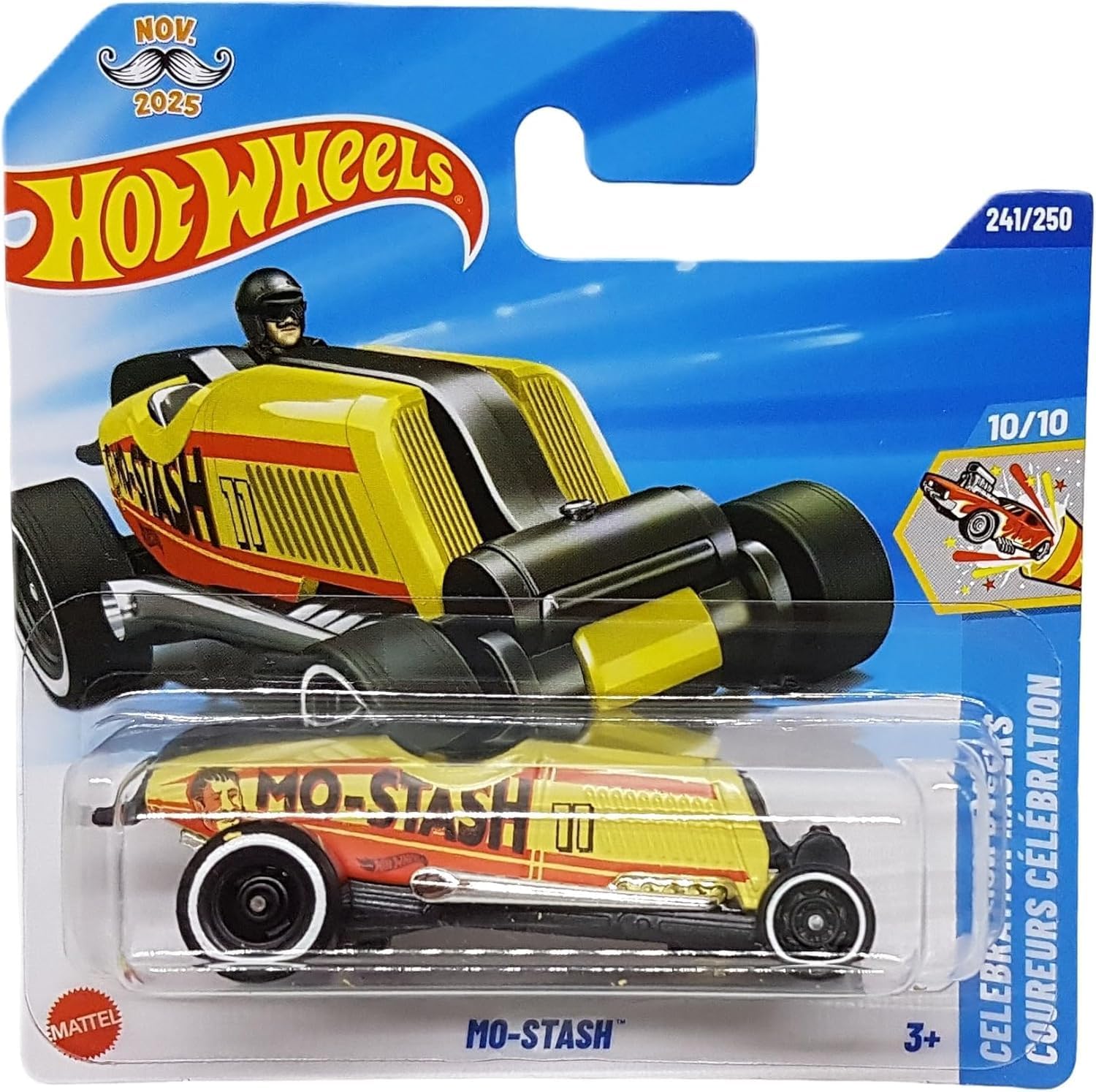 Hot Wheels - Mo-Stash - Celebration Racers 10/10 - JBB46 - Short Card - Yellow - Rennroadster - Mattel 2025 - 1:64