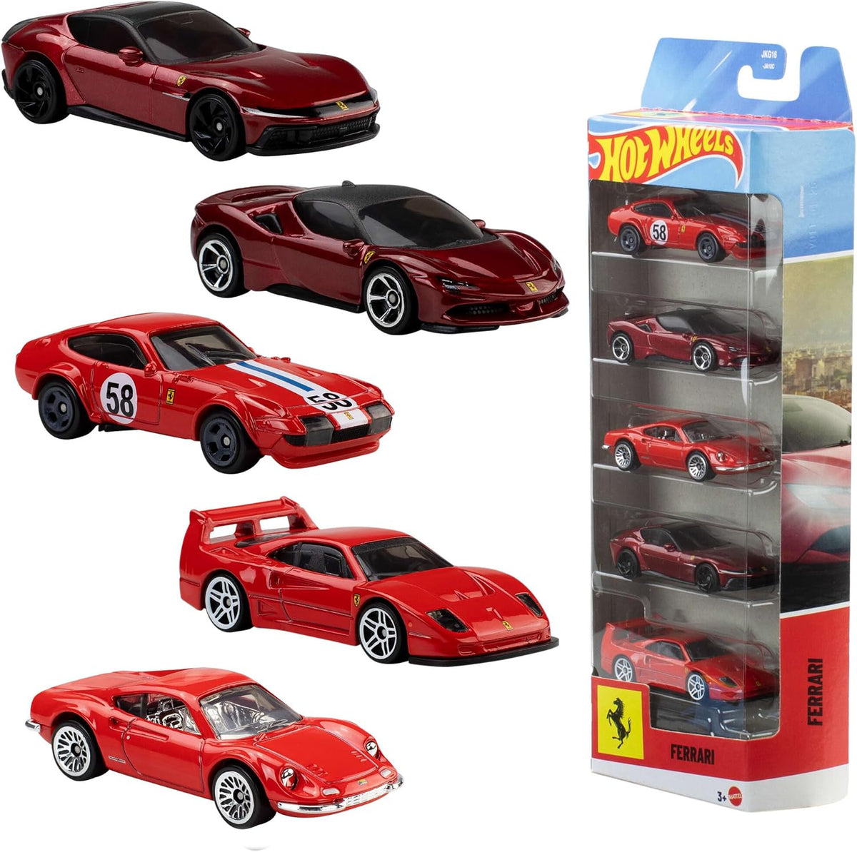 Hot Wheels Pack de 5 Coches Ferrari a Escala 1:64 | Set oficial con licencia de 5 vehículos Ferrari de metal fundido para jugar o exponer, de colección, JLN12