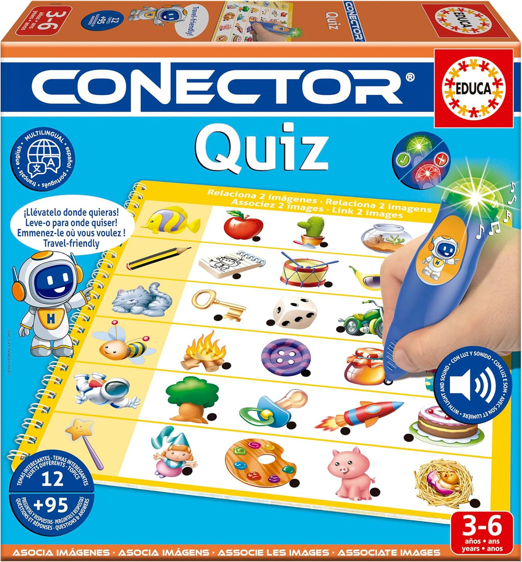 Educa - Conector Quiz | Juego Educativo con más de 90 Preguntas y respuestas. 12 Temas Diferentes en Formato Libro y lápiz con luz y Sonido. Recomendado a Partir de 3 años (20392)