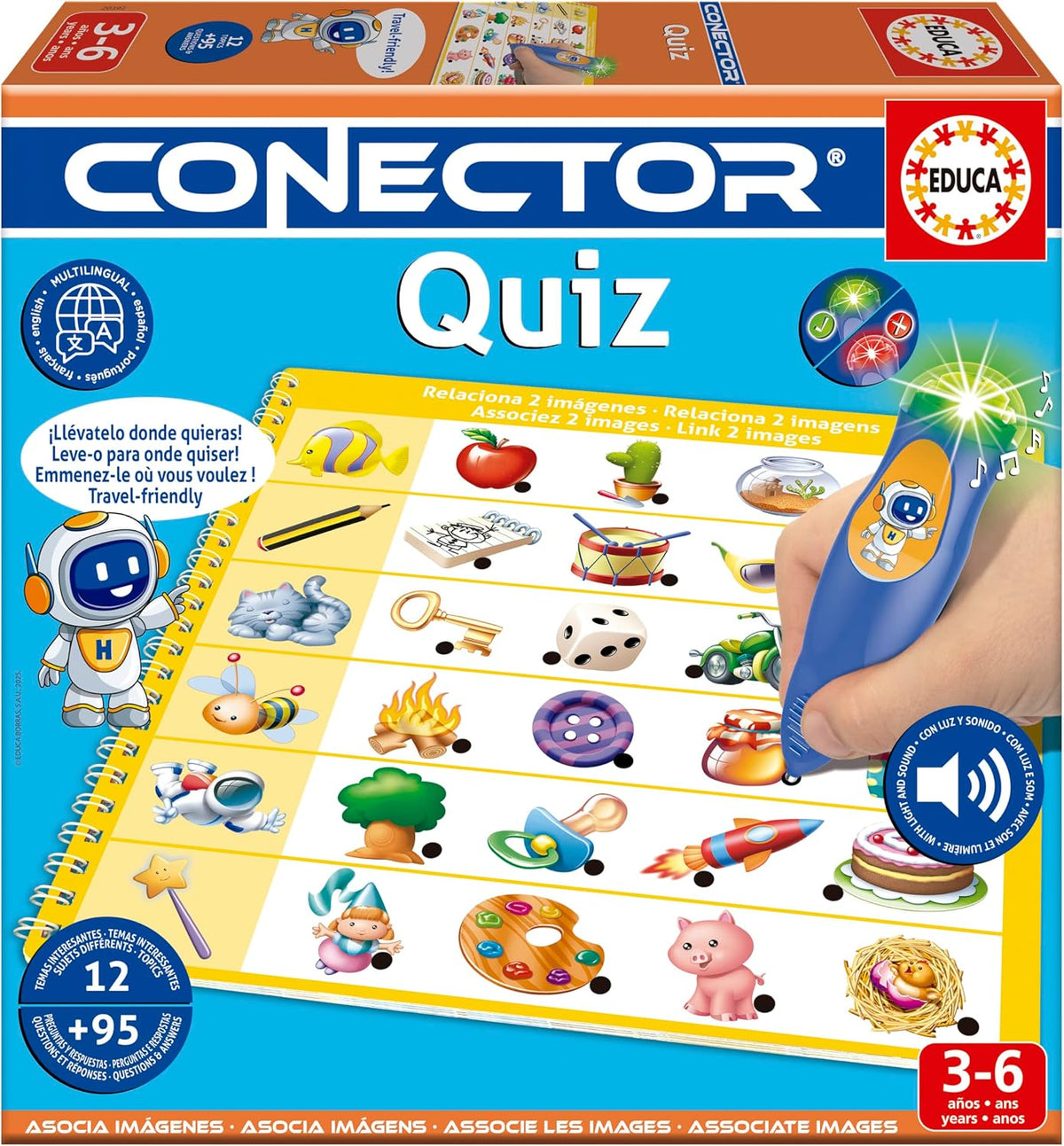 Educa - Conector Quiz | Juego Educativo con más de 90 Preguntas y respuestas. 12 Temas Diferentes en Formato Libro y lápiz con luz y Sonido. Recomendado a Partir de 3 años (20392)