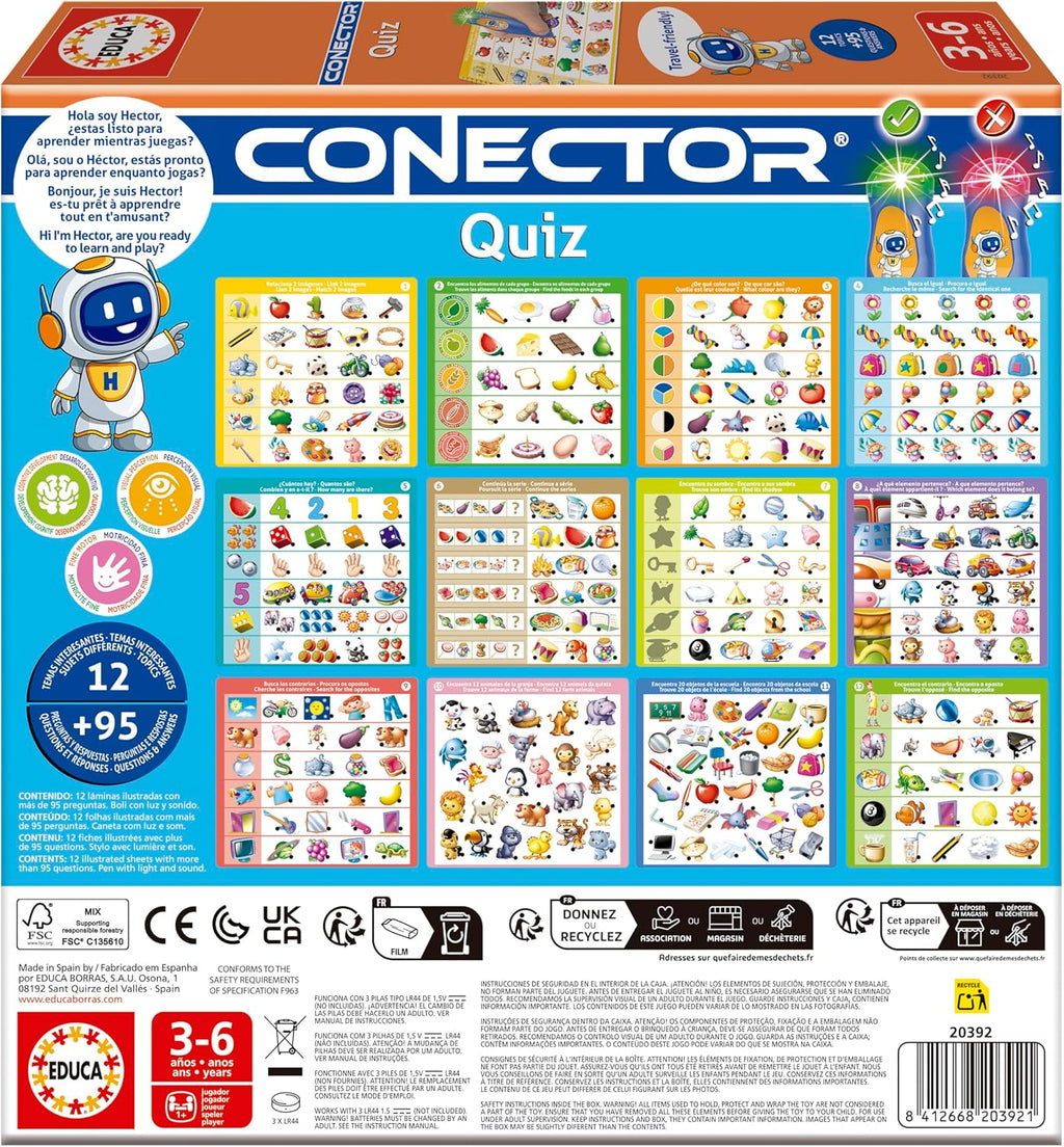Educa - Conector Quiz | Juego Educativo con más de 90 Preguntas y respuestas. 12 Temas Diferentes en Formato Libro y lápiz con luz y Sonido. Recomendado a Partir de 3 años (20392)