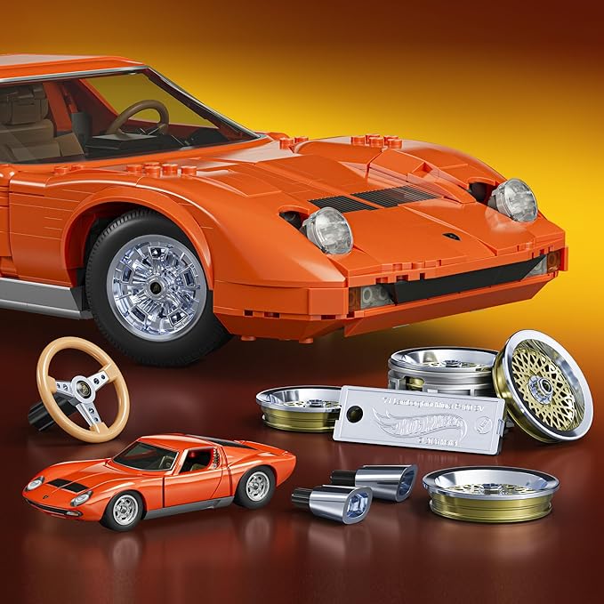 Mattel Brick Shop Hot Wheels Lamborghini Miura P400 SV Set de construcción | 1523 Piezas Pegatinas Personalizadas, Coche Metal a escala 1:64 Serie Premium para Adultos Coleccionistas y Niños 10+, JHF61