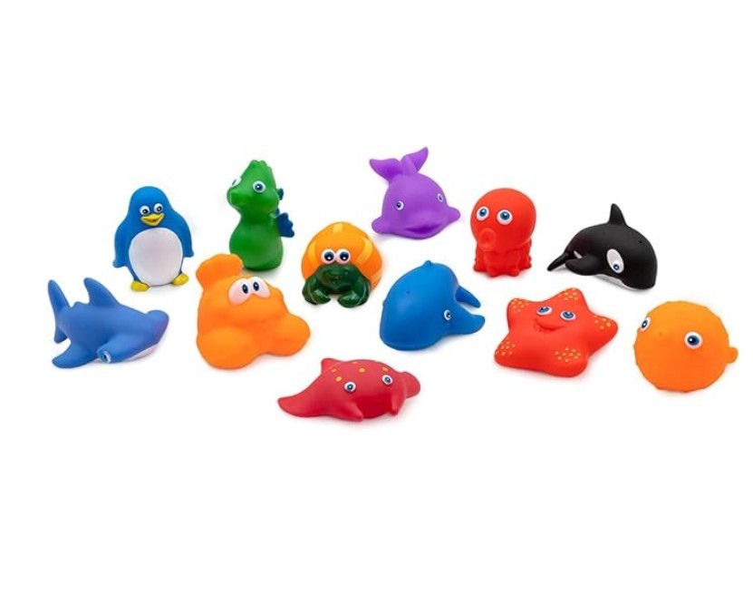 Bolsa 12 Figuras de baño - Animales Marinos - Material Suave y Blando - Juguetes para la bañera - Fácil de Guardar y Transportar