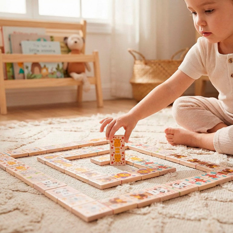 Wooden Children's Dominoes - Interlocking - Includes 28 Pieces and storage box