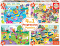 Educa - 4 en 1 Un Día en la Escuela. Puzzles Progresivos Infantiles. 20, 40, 60 y 80 Piezas