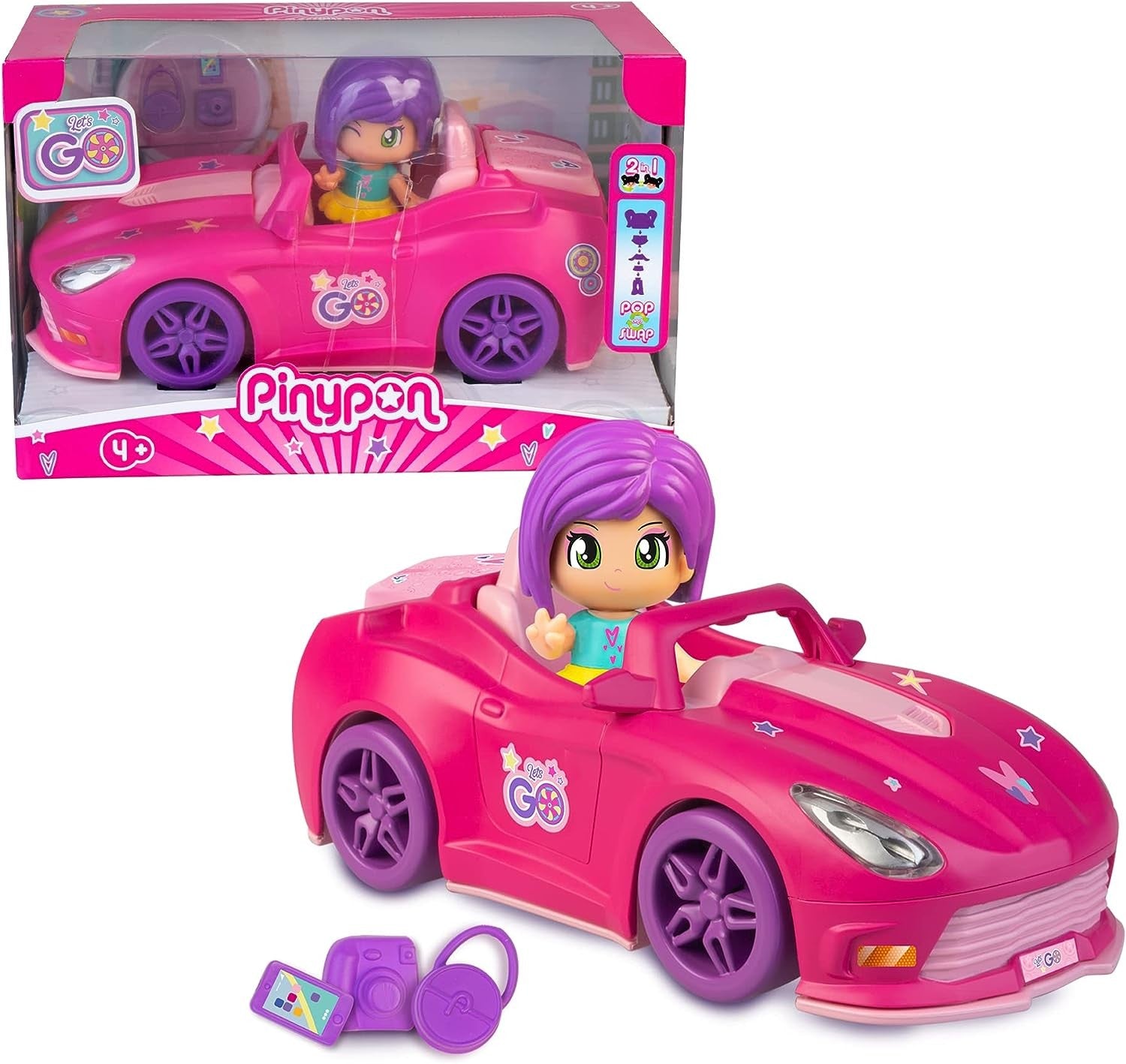 Pinypon - Let's Go! Coche de Pinypon de color rosa