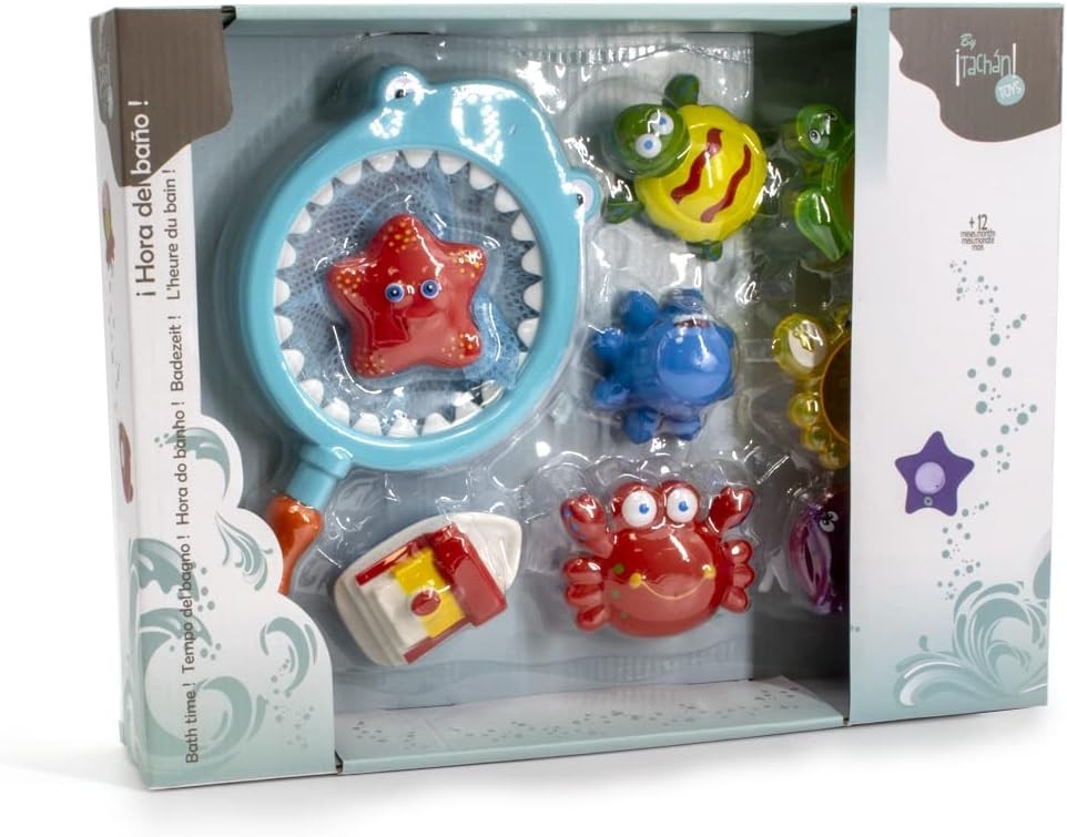 Set de Juguetes de baño y Piscina para bebés con Red de Pesca y 8 Accesorios Blandos y Coloridos con Animales Marinos