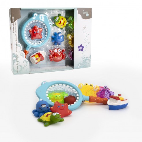 Set de Juguetes de baño y Piscina para bebés con Red de Pesca y 8 Accesorios Blandos y Coloridos con Animales Marinos