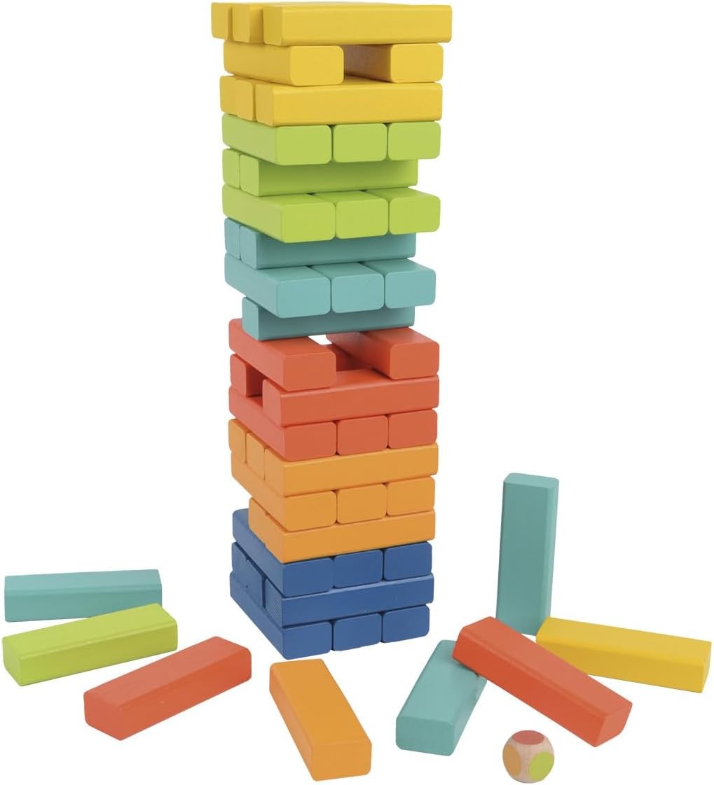 Tachan Torre apilable Madera-Juego de Habilidad-Incluye Dado y 54 Bloques de Colores