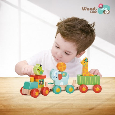 Tachan First Wooden Train with Animals - with Interlocking Pieces to Combine